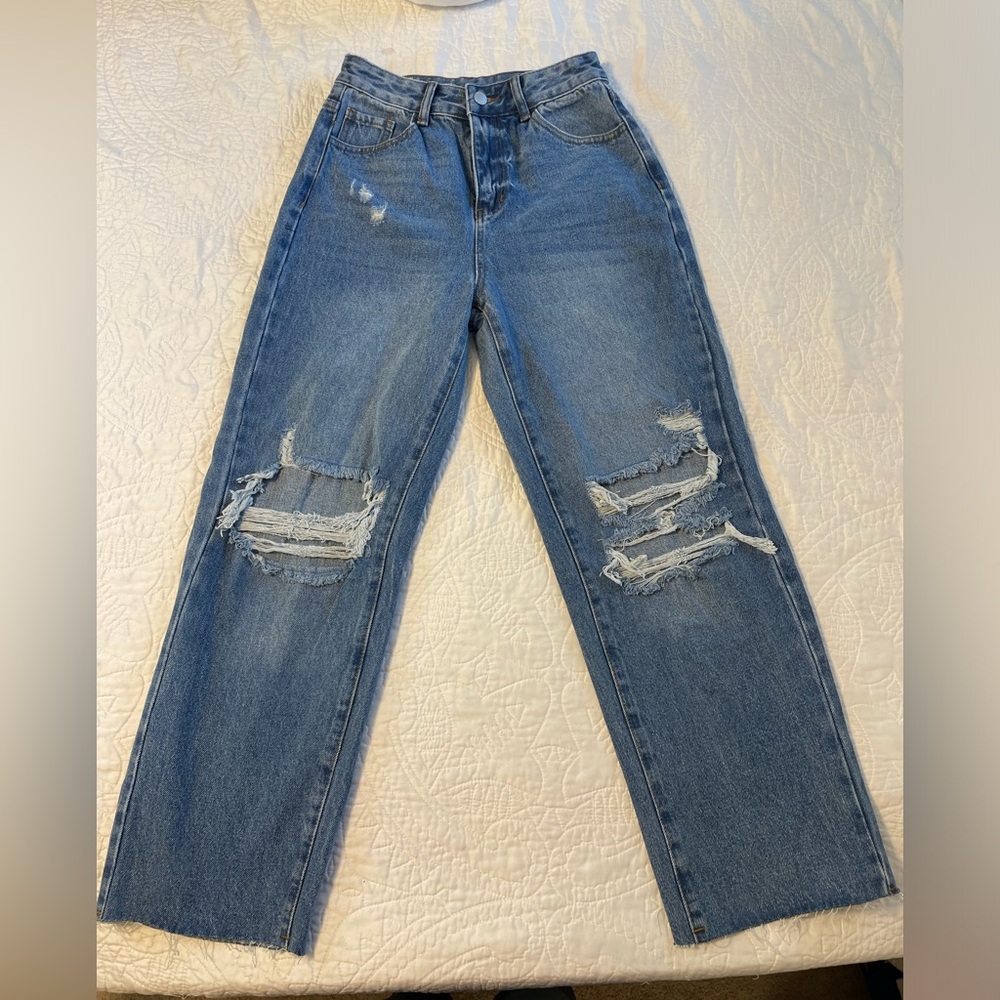 SHEIN Distressed Medium Blue Straight Leg Jeans